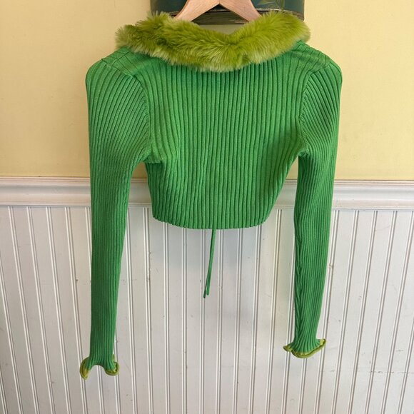 Urban Outfitters XS Green Ribbed Knit Cropped Cardigan W/ Fuzzy Collar & Tie Fro - Picture 2 of 5